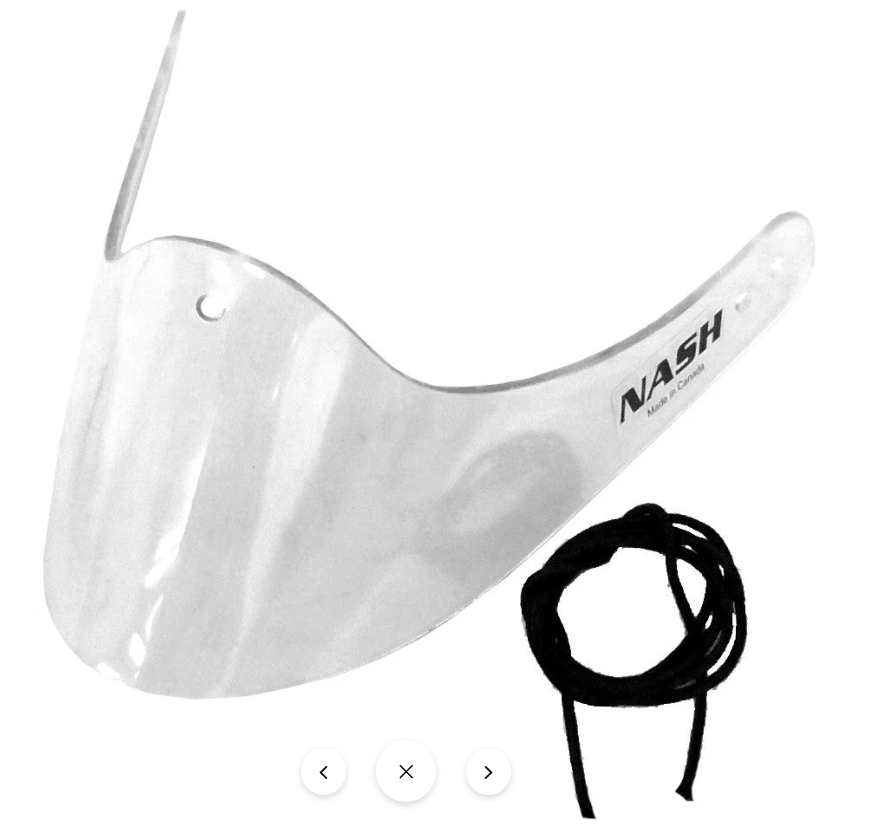 A photo of a clear Nash V-Nose Goalie Throat Guard.