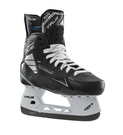 A photo of the True Hockey Catalyst 9X4 Hockey Skates (2024) in colour black. Angled view.