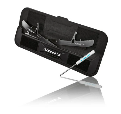 A photo of the True Hockey Carrying Case for Steel Blades in colour black. Showing two skate steel blades and screwdriver tool.