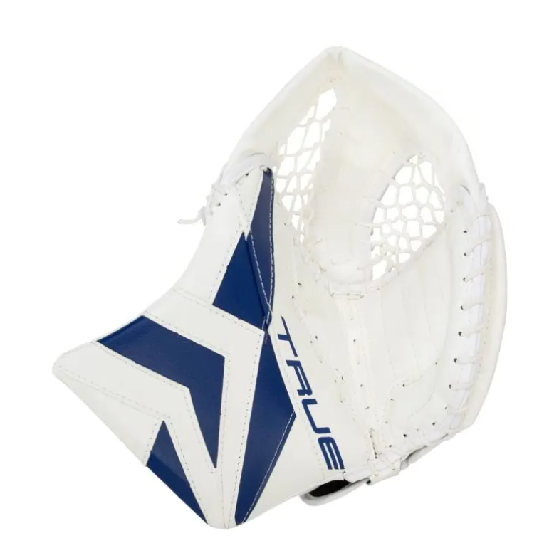 A photo of the True HZRDUS 7X3 Intermediate Goalie Catcher in colour white and royal blue.