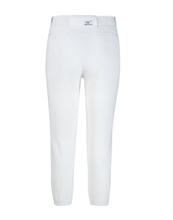 A photo of the Mizuno Women's Belted Softball Pants in colour white. Rear view.