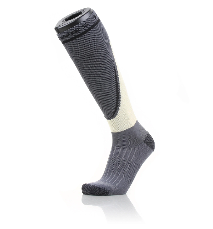 A photo of the Howies Cut-Resistant Skate Socks in colour grey and white. Side view.