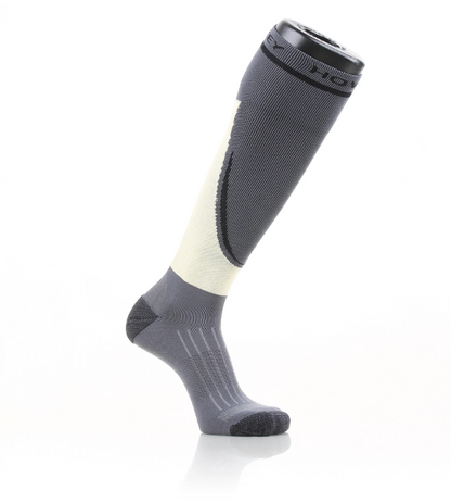 A photo of the Howies Cut-Resistant Skate Socks in colour grey and white. Side view.