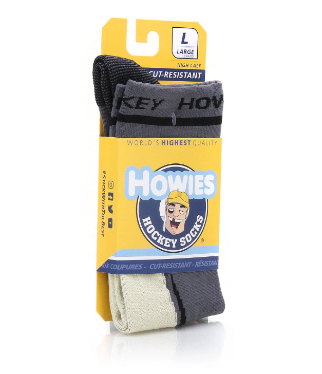 A photo of the Howies Cut-Resistant Skate Socks in colour grey and white. Inside package view.