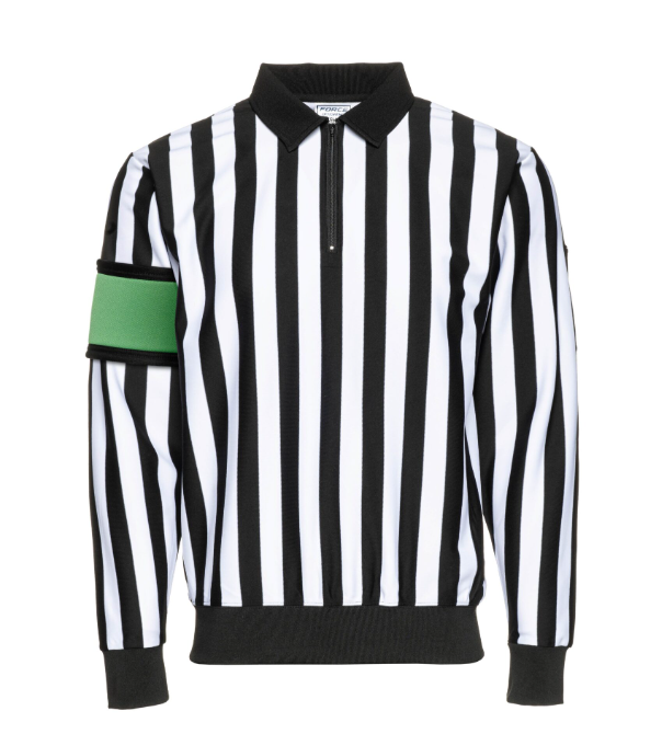 A photo of the green Force Referee Adult Armband on a referee jersey.