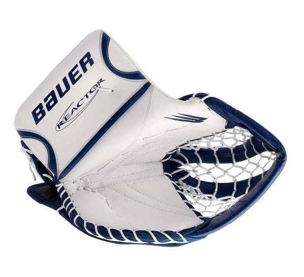 A photo of the Bauer Reactor R5 Pro Goalie Catcher (2024) in colour white and blue.