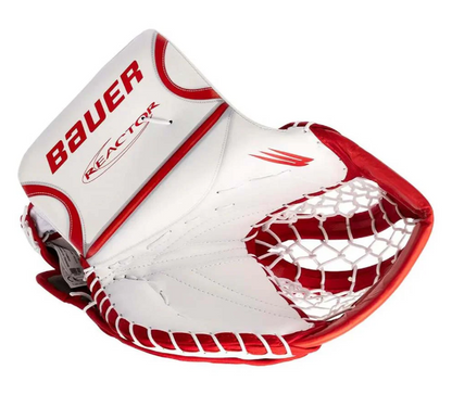 A photo of the Bauer Reactor R5 Pro Goalie Catcher (2024) in colour white and red.