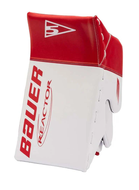 A photo of the Bauer R5 Pro Senior Goalie Blocker (2024) in colour white and red.