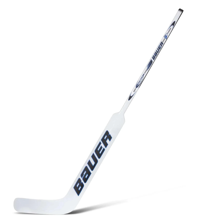 A photo of the Bauer Reactor R5 Pro Senior Goalie Stick (2024) - Left Hand in colour white and blue. Right view.