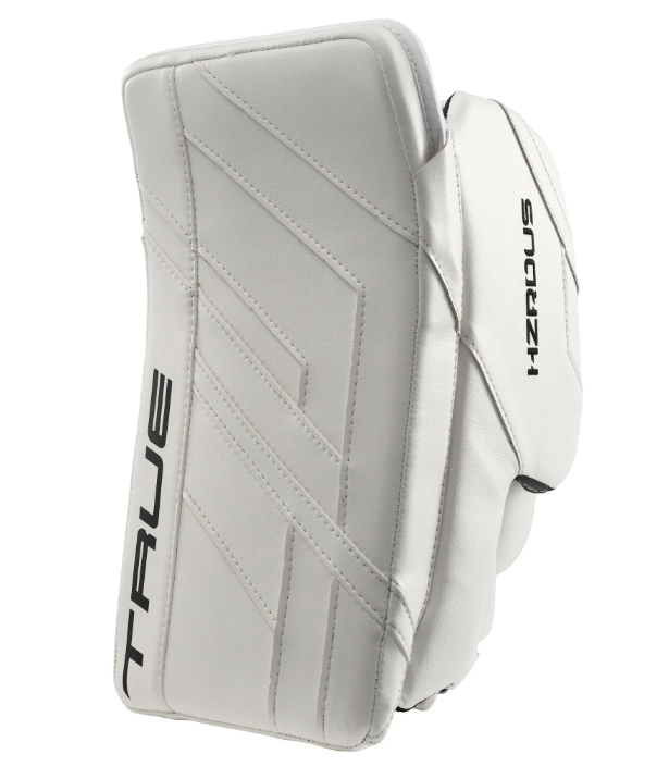 A photo of the True HZRDUS 9X4 Senior Goalie Blocker (2024) in colour white. Angled view.