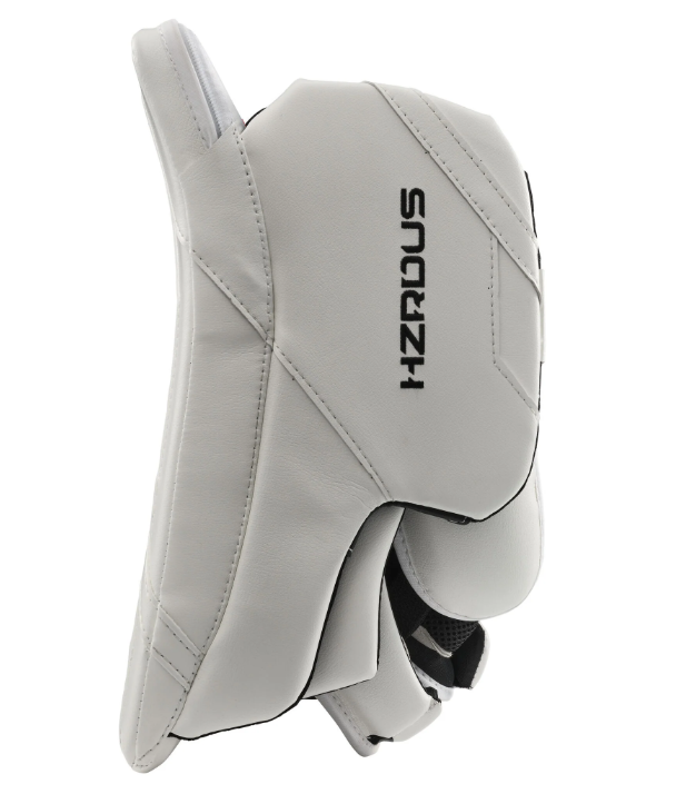 A photo of the True HZRDUS 9X4 Senior Goalie Blocker (2024) in colour white. Side view.