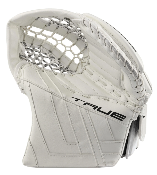 A photo of the True HZRDUS 9X4 Senior Goalie Catcher Glove (2024) in colour white. Net View.