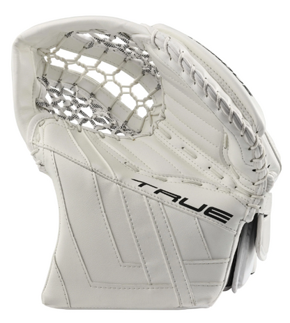 A photo of the True HZRDUS 9X4 Senior Goalie Catcher Glove (2024) in colour white. Net View.