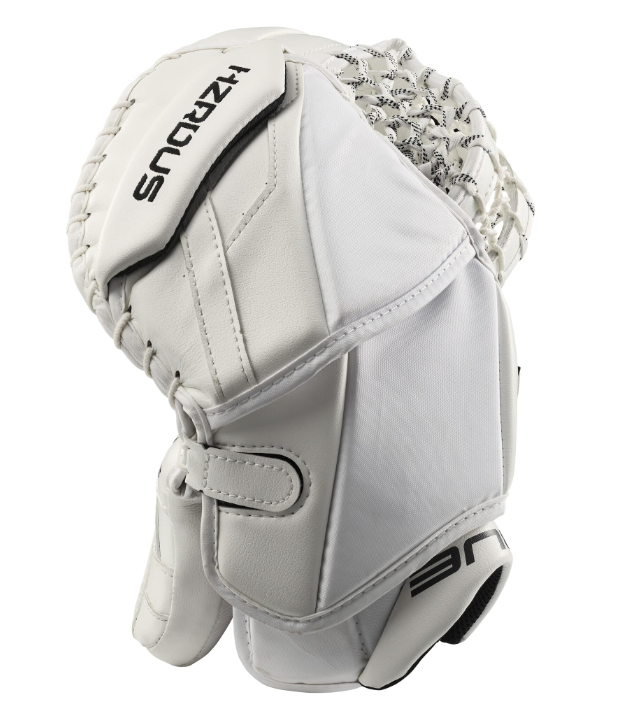 A photo of the True HZRDUS 9X4 Senior Goalie Catcher Glove (2024) in colour white. Rear View.