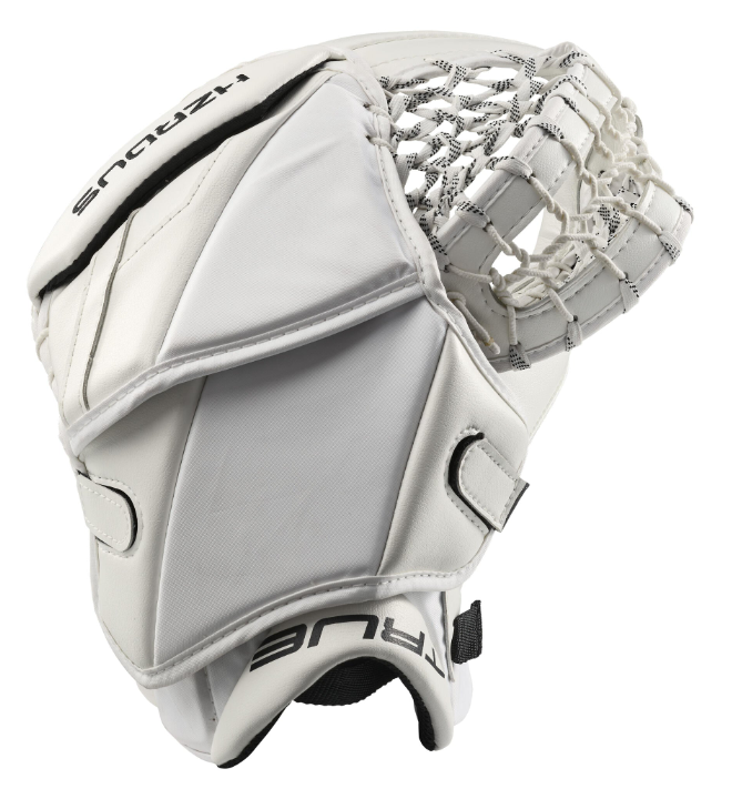 A photo of the True HZRDUS 9X4 Senior Goalie Catcher Glove (2024) in colour white. Rear View.