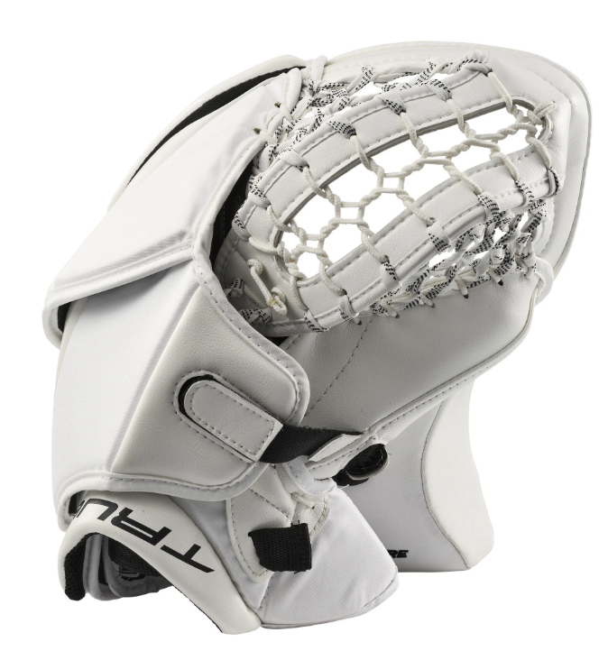 A photo of the True HZRDUS 9X4 Senior Goalie Catcher Glove (2024) in colour white. Net View.