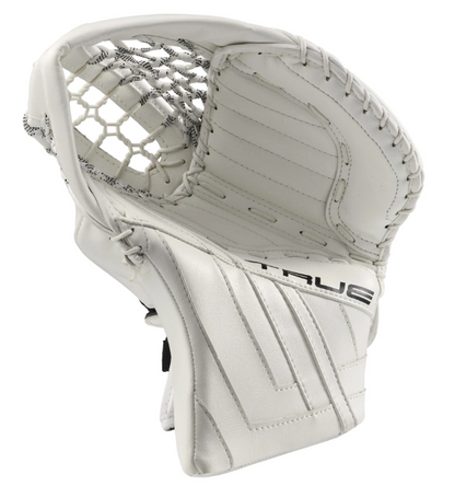 A photo of the True HZRDUS 9X4 Senior Goalie Catcher Glove (2024) in colour white. Palm View.