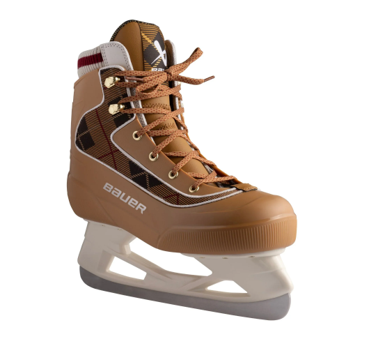 A photo of the Bauer Chamonix Glides Senior Ice Skates in colour brown with plaid design. Angled view.