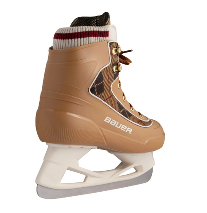 A photo of the Bauer Chamonix Glides Senior Ice Skates in colour brown with plaid design. Angled rear view.