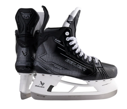 A photo of the Bauer Supreme M50 Pro Hockey Skates (2024) in colour black and grey. Side view.