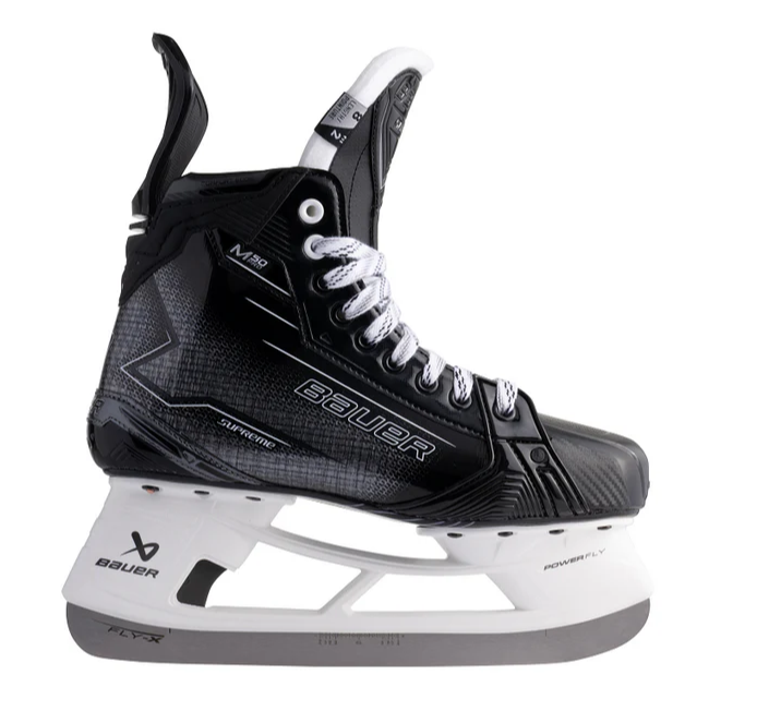 A photo of the Bauer Supreme M50 Pro Hockey Skates (2024) in colour black and grey. Side view.