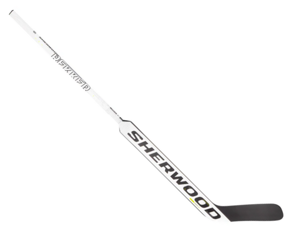 A photo of the Sherwood REKKER Legend 4 Senior Goalie Stick in colour white and black. Angled view.