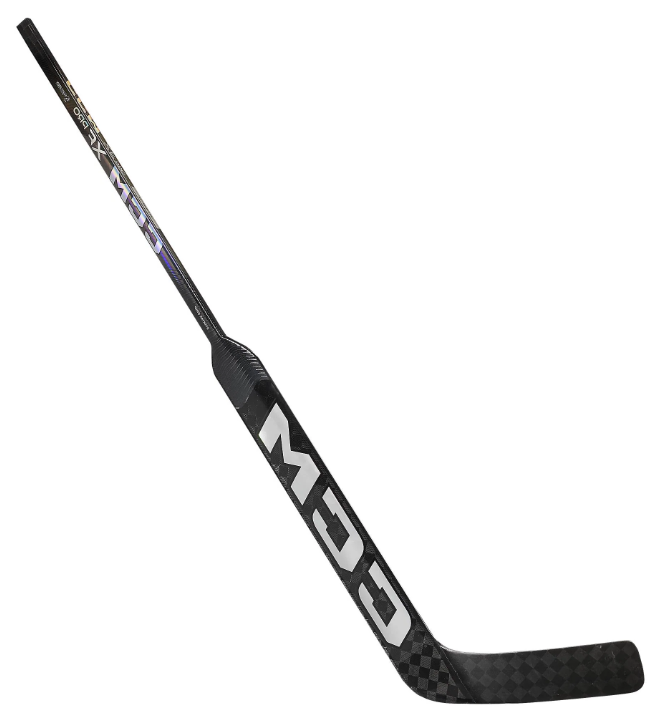 A photo of the CCM XF Pro CC2 P1 Senior Goalie Stick (2024) in colour black and purple. Angled view.