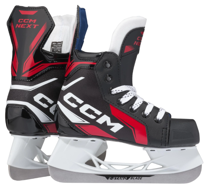A photo of the CCM Next Youth Hockey Skates (2024) in colour black and red. Dual skate view.