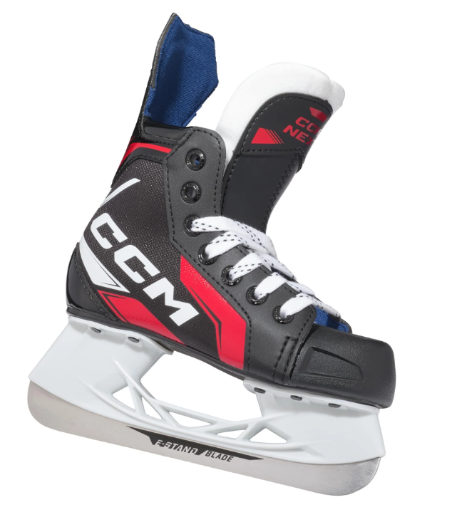 A photo of the CCM Next Youth Hockey Skates (2024) in colour black and red. Single skate view.