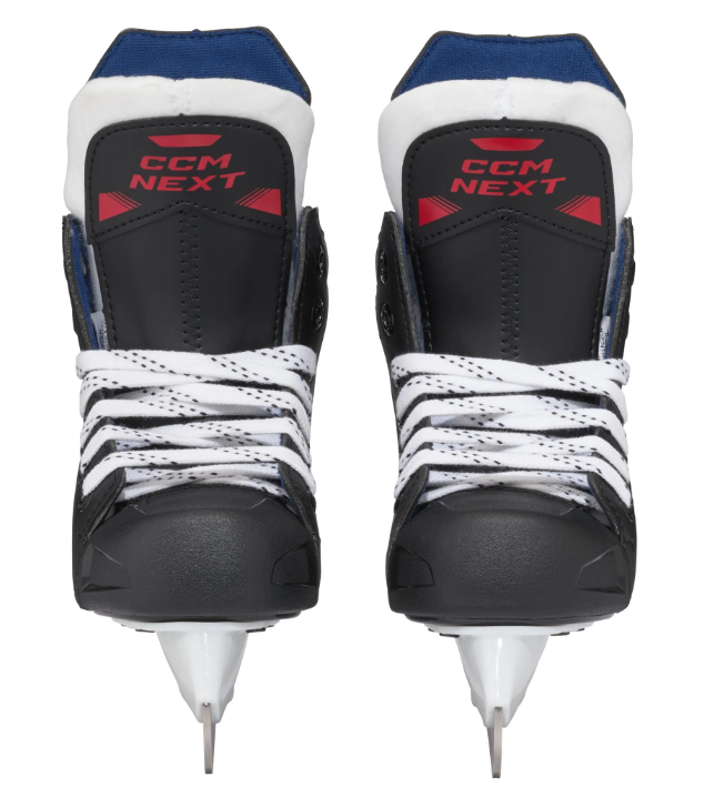 A photo of the CCM Next Youth Hockey Skates (2024) in colour black and red. Dual skate front view.