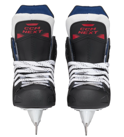 A photo of the CCM Next Youth Hockey Skates (2024) in colour black and red. Dual skate front view.