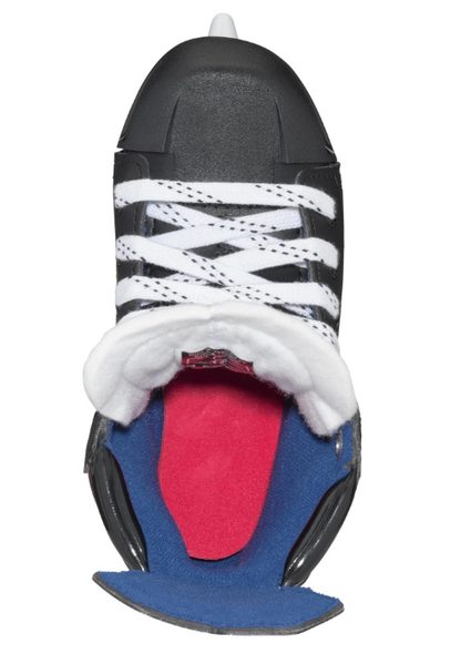 A photo of the CCM Next Youth Hockey Skates (2024) in colour black and red. top down view.