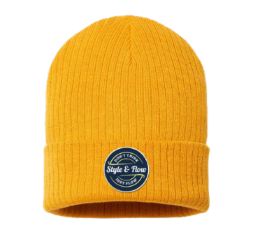 A photo of the Style & Flow Toque in colour yellow with black logo.