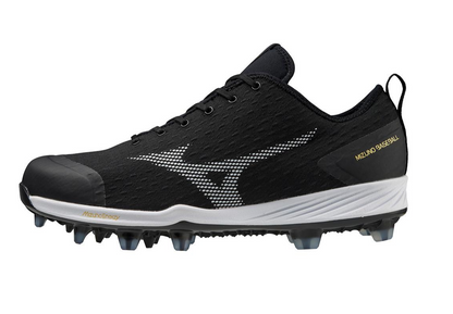 A photo of the Mizuno Dominant 4 TPU Men's Molded Baseball Cleat in colour black and white. Side profile.