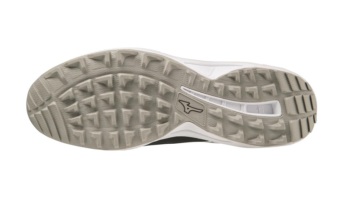 A photo of the Mizuno Ambition 3 BB Low All Surface in colour black and white. bottom sole profile.