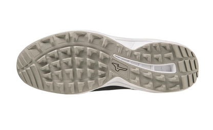 A photo of the Mizuno Ambition 3 BB Low All Surface in colour black and white. bottom sole profile.