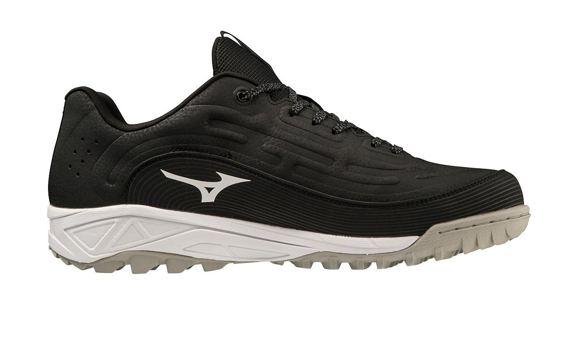 A photo of the Mizuno Ambition 3 BB Low All Surface in colour black and white. Side profile.