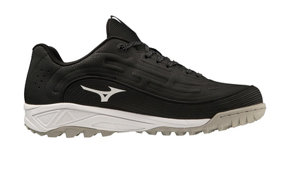 A photo of the Mizuno Ambition 3 BB Low All Surface in colour black and white. Side profile.