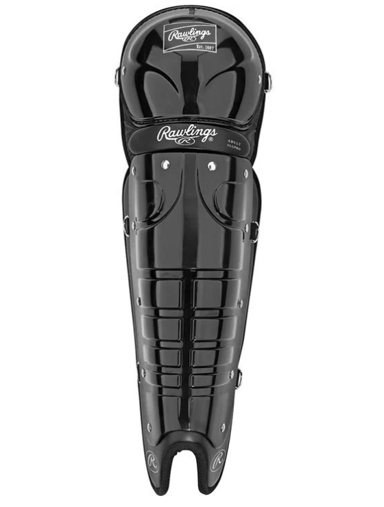 A photo of the Rawlings Umpire Leg Guards in colour black. Front view.