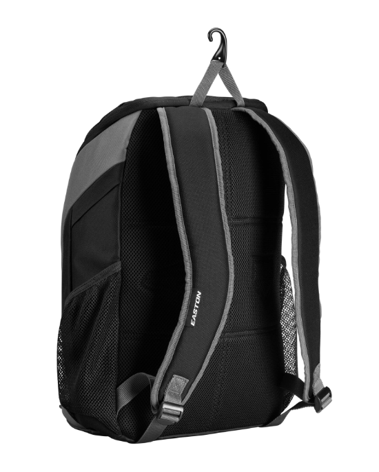 A photo of the Easton Dugout Backpack in colour black. Rear view with EASTON logo.