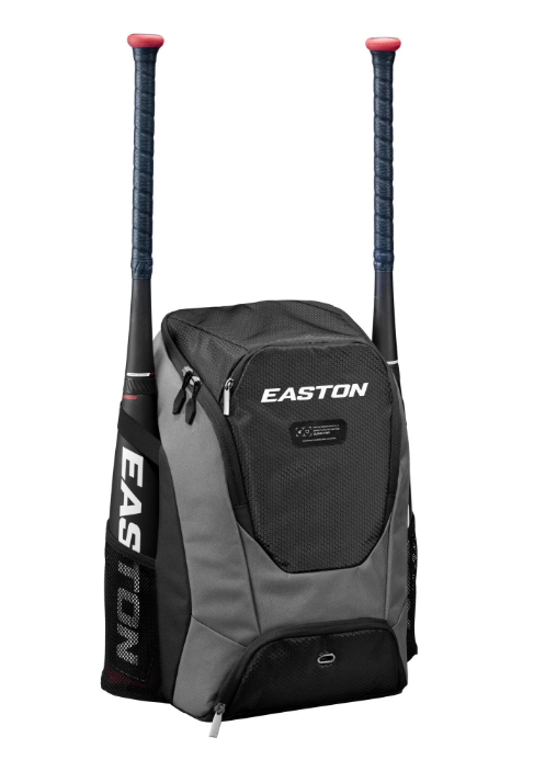 A photo of the Easton Dugout Backpack in colour black. Front view with EASTON logo. Two bats being stored within it.