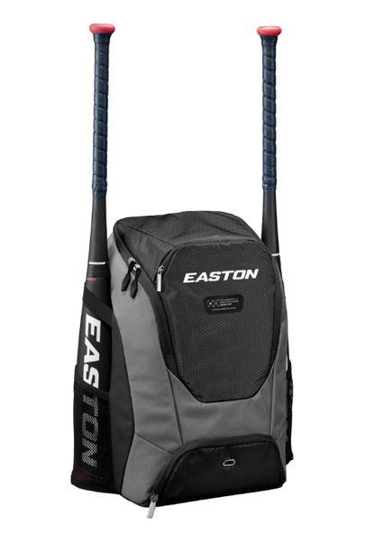 A photo of the Easton Dugout Backpack in colour black. Front view with EASTON logo. Two bats being stored within it.