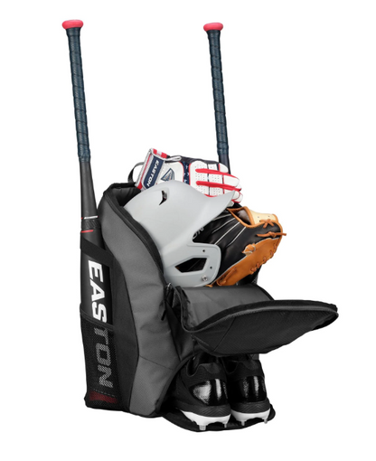 A photo of the Easton Dugout Backpack in colour black. Front view with EASTON logo. Filled with bats, gloves and helmets.