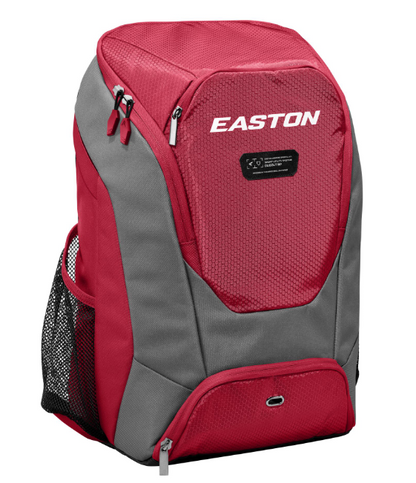 A photo of the Easton Dugout Backpack in colour red. Front view with EASTON logo.