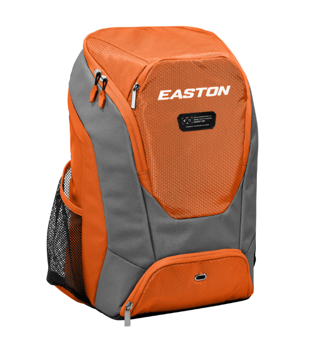 A photo of the Easton Dugout Backpack in colour orange. Front view with EASTON logo.