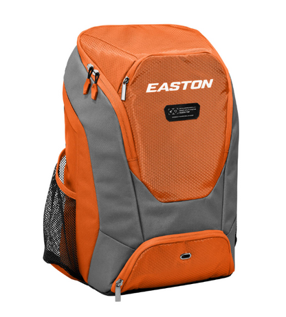 A photo of the Easton Dugout Backpack in colour orange. Front view with EASTON logo.