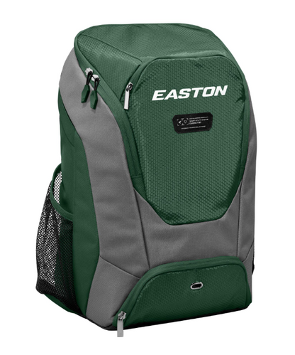 A photo of the Easton Dugout Backpack in colour green. Front view with EASTON logo.
