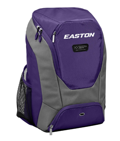 A photo of the Easton Dugout Backpack in colour purple. Front view with EASTON logo.