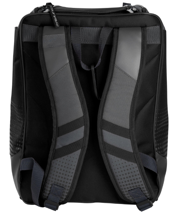 A photo of the Rawlings Franchise Baseball Backpack in colour black. Rear backpack profile with straps.