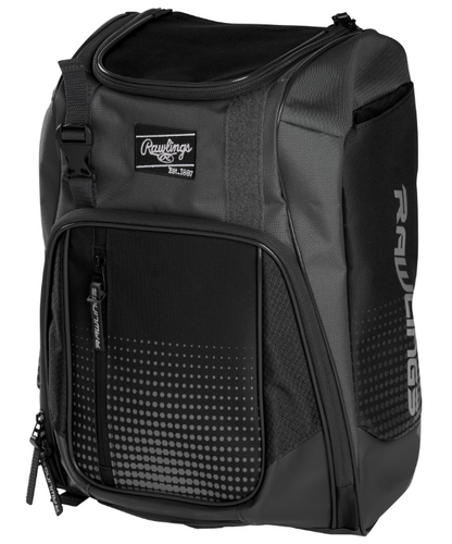 A photo of the Rawlings Franchise Baseball Backpack in colour black. Side profile.
